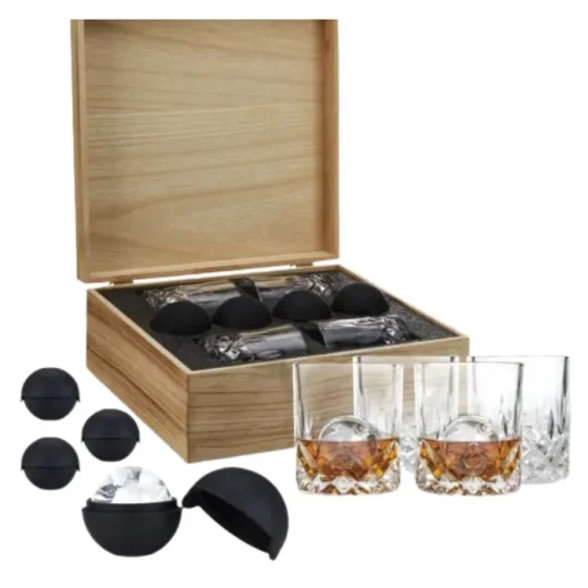 8-piece Crystal Liquor Glass and Ice Sphere Wood Box Set by Viski